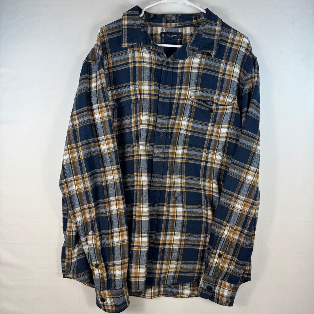 Lucky Brand Mens XL Classic Fit Blue Yellow Plaid Flannel Button Down Shirt